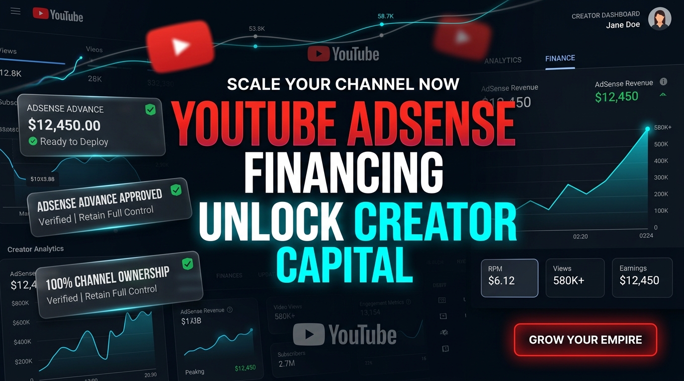 YouTube AdSense financing dashboard showing creator advance approval and revenue growth